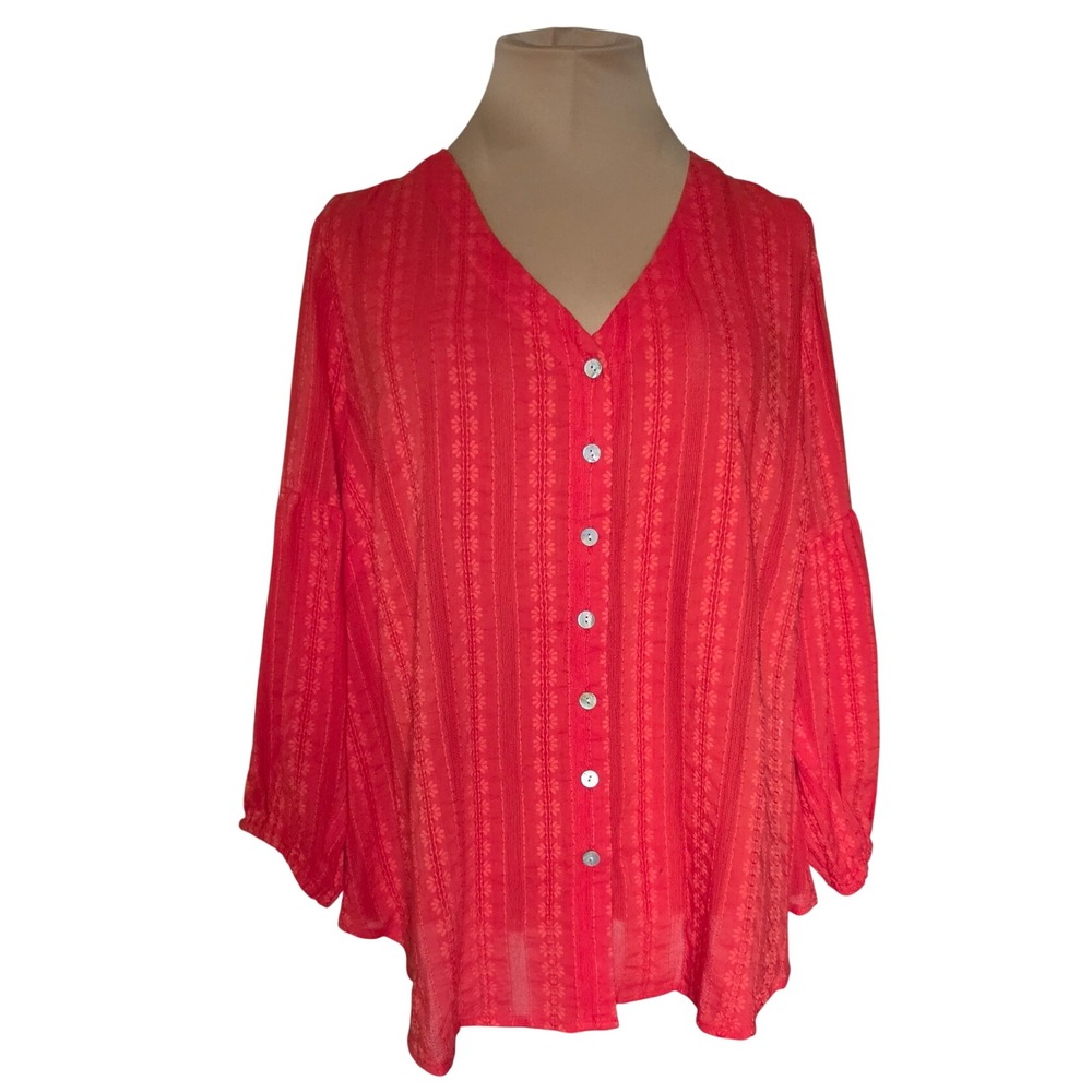 J. Jill Coral Red Textured Floral Jacquard Shell Button Front Blouse MP